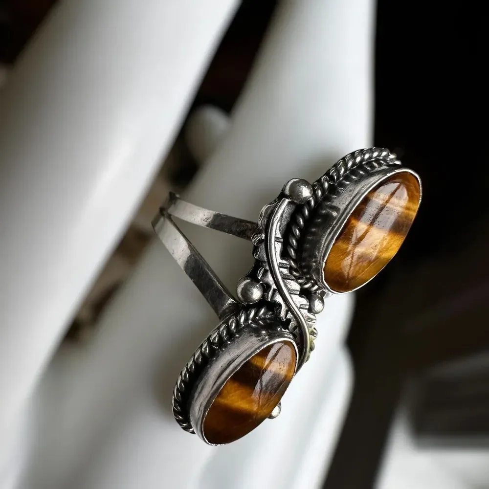 VTG Plata Statement Ring Tigers Eye Quartz Size‎ 7 Braided 925 Sterling 5.3g